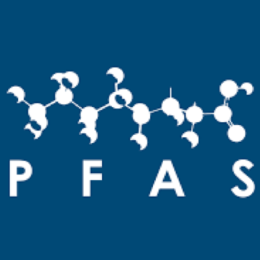 blue photo showing the molecular configuration of per- and polyfluoroalkyl substances with the letters P-F-A-S in all caps under the molecule.