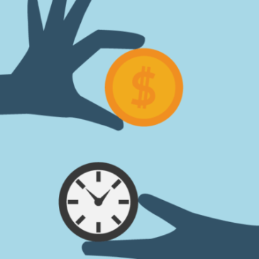 Illustration of two hands, one coming from the left holding a gold coin with a dollar sign on it; the other hand coming from the right holding a clock. The hands are dark blue and the background is light blue. The coin is gold, the clock is black and white.
