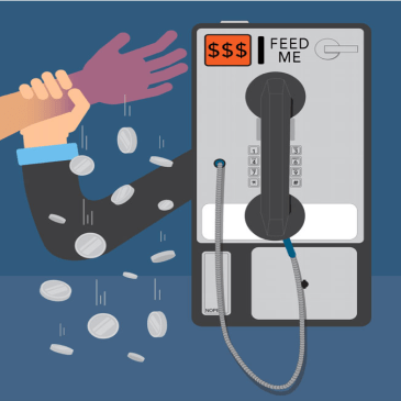 colorful illustrations of a hand reaching for a pay phone and another hand stopping the hand causing the hand reaching for the phone to drop the chnage for the pay phone