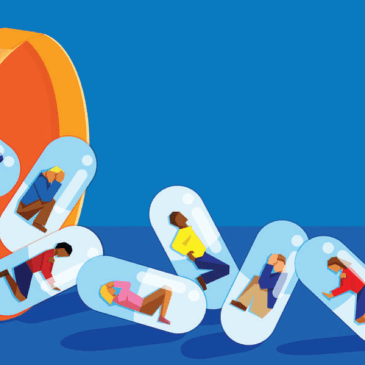illustration of people in pill capcules falling out of a prescription pill bottle