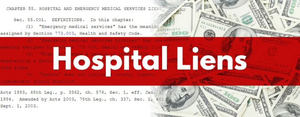 Image of the text of Ala. Code §§ 35-11-371, 35-11-372 fading into an image of hundred dollar bills with a red transparent banner that reads "Hospital Liens" in white lettering
