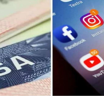 two photos: left side: part of an immigration visa; right side: photo of an iPhone screen with social media apps on the screen