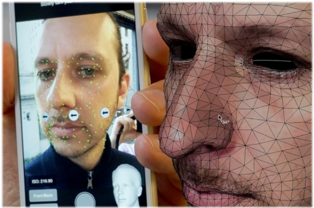 color photo of a 3D rendering of someone's face next to a phone app that was used to create the 3D rendering based on facial-scan technology