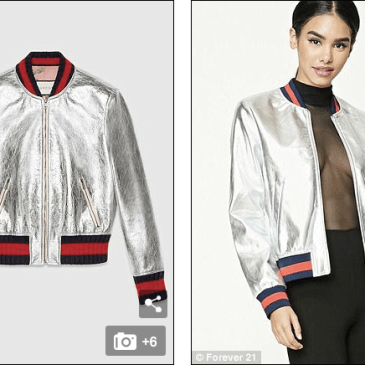 Left: image of a Gucci bomber jacket; Right: image of a Forever 21 model wearing a similarily-styled bomber jacket