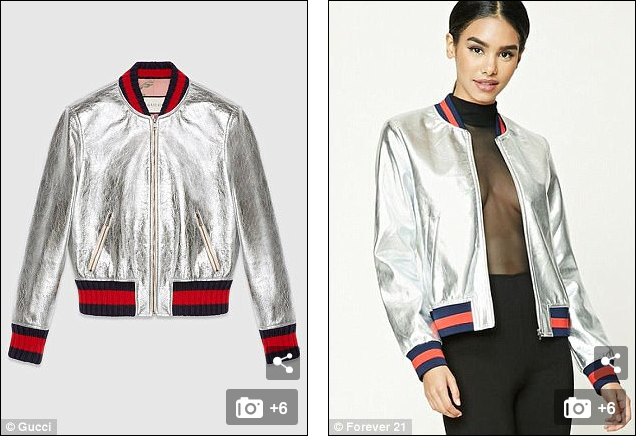 Left: image of a Gucci bomber jacket; Right: image of a Forever 21 model wearing a similarily-styled bomber jacket