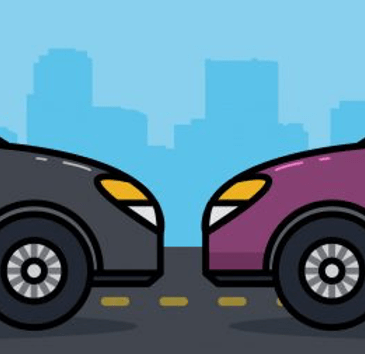 a picture of a uber car and lyft car facing each other.